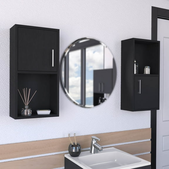 Living Room Cabinets Wall Mounted Bathroom Medicine Cabinet Eak 24" H, Two Doors, Two Shelves,Black,Wooden Cabinets