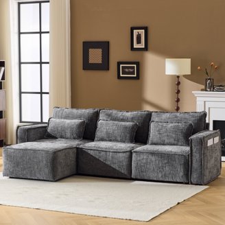 Sofá De 3 Plazas Con Puff - Esquinero En Forma De L, Tapizado En Piel Sintética Gris, Estructura Sólida, Medidas 200x775 Cm (Asamblea Requerida)