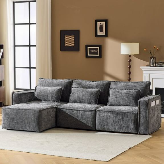 UBesGoo 111" W Modular Sectional Sofa Couches, 3 Seat L-Shaped Sofa with Movable Ottoman Chaise, Chenille Fabric Cloud Sofa for Living Room, Gray