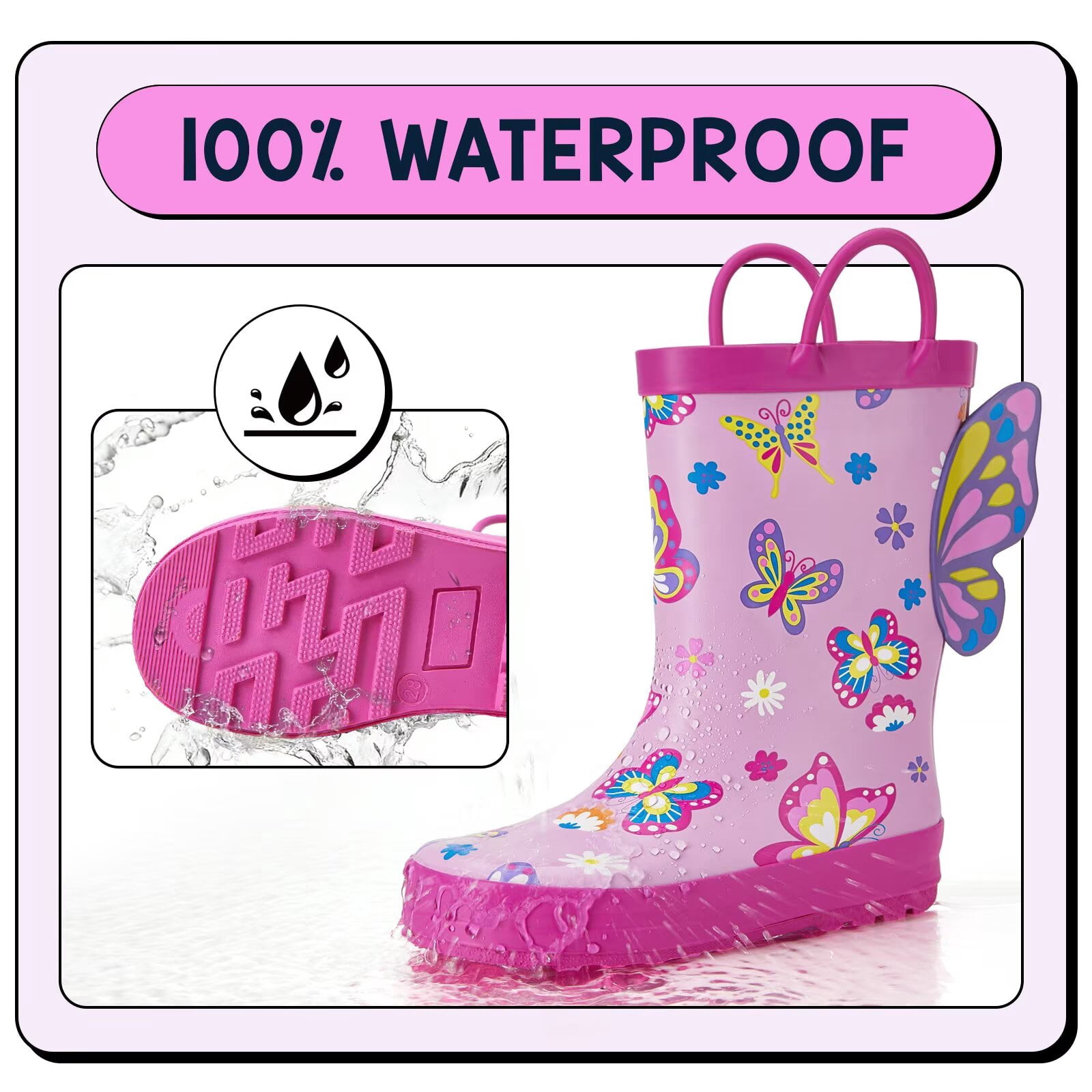 EUXTERPA Toddler Rain Boots for Boys Waterproof Kids Butterfly Rubber Boots with Easy On Handles Toddler Size 6