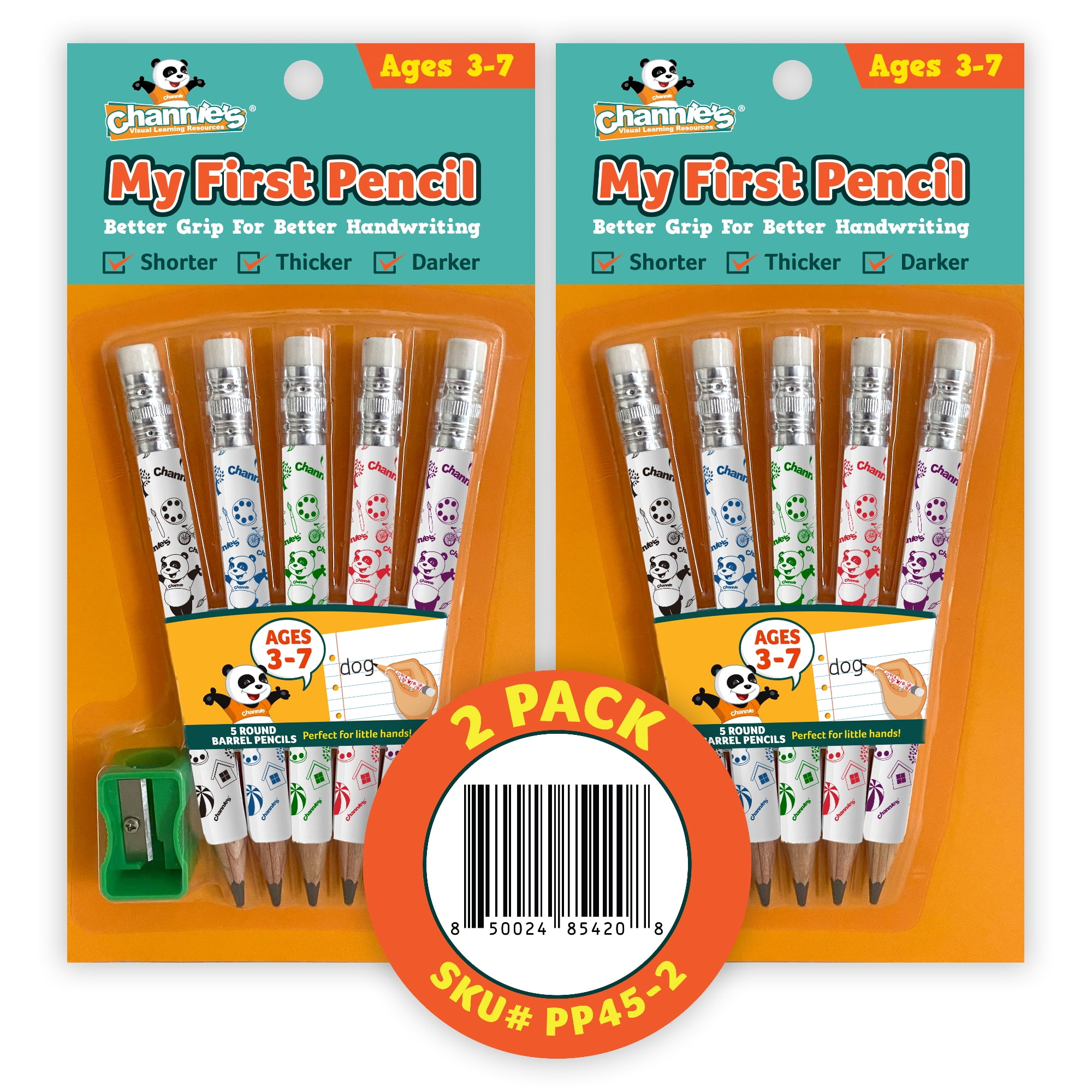 Channie's Easy to Hold My First Pencil Colorful White 2B Graphite Pre-Sharpened Pencils for Children with Pencil Sharpener, White, 2 Pack (10 Pencils)