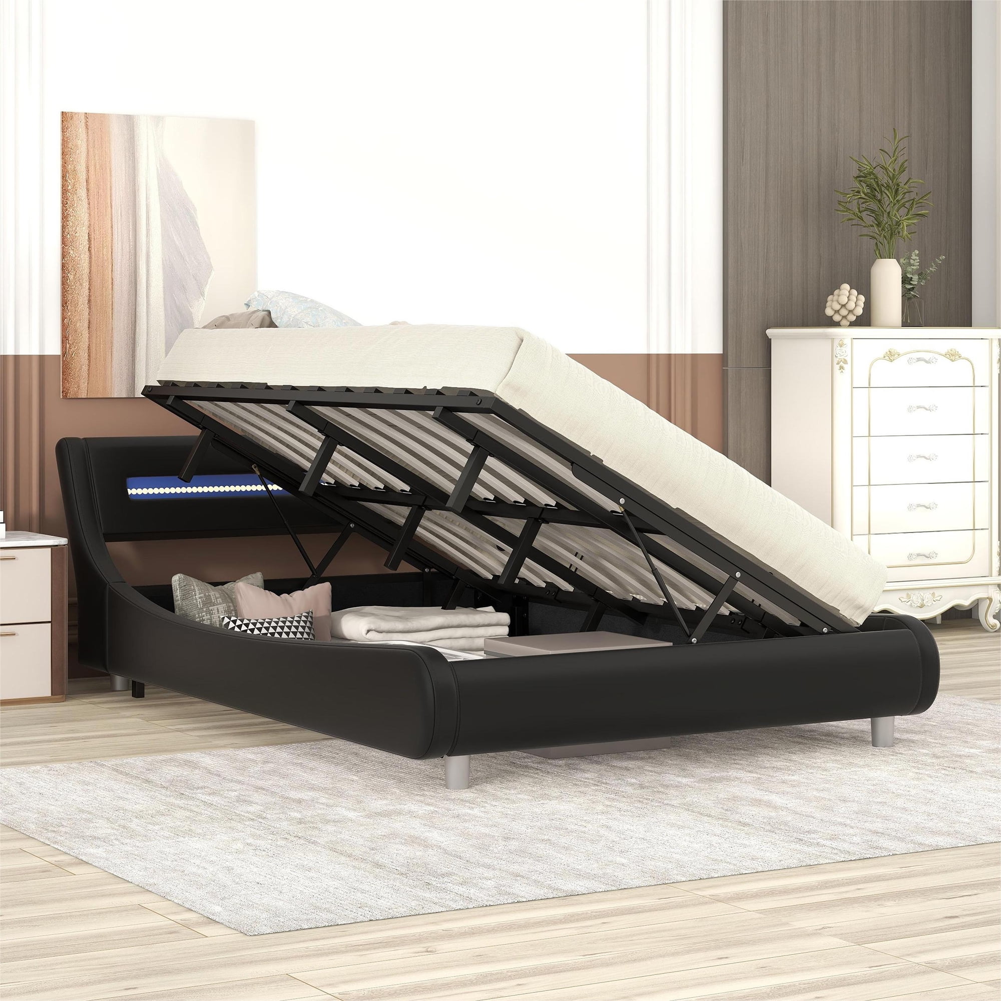 Full Size Upholstery Platform Bed with Lift up Storage and LED