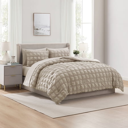 LammaLoe Queen Comforter Set 7 Piece Seersucker Bed in a Bag Bedding Comforter Set with Sheets Modern Bed Set Oatmeal