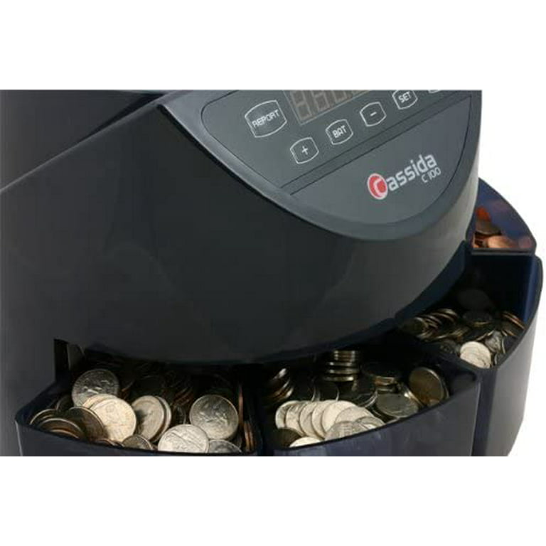 Cassida C100 Electronic Coin Sorter/Counter, Countable Coins 1¢, 5¢, 10¢, 25¢, 250 Coins/min, 110 VAC