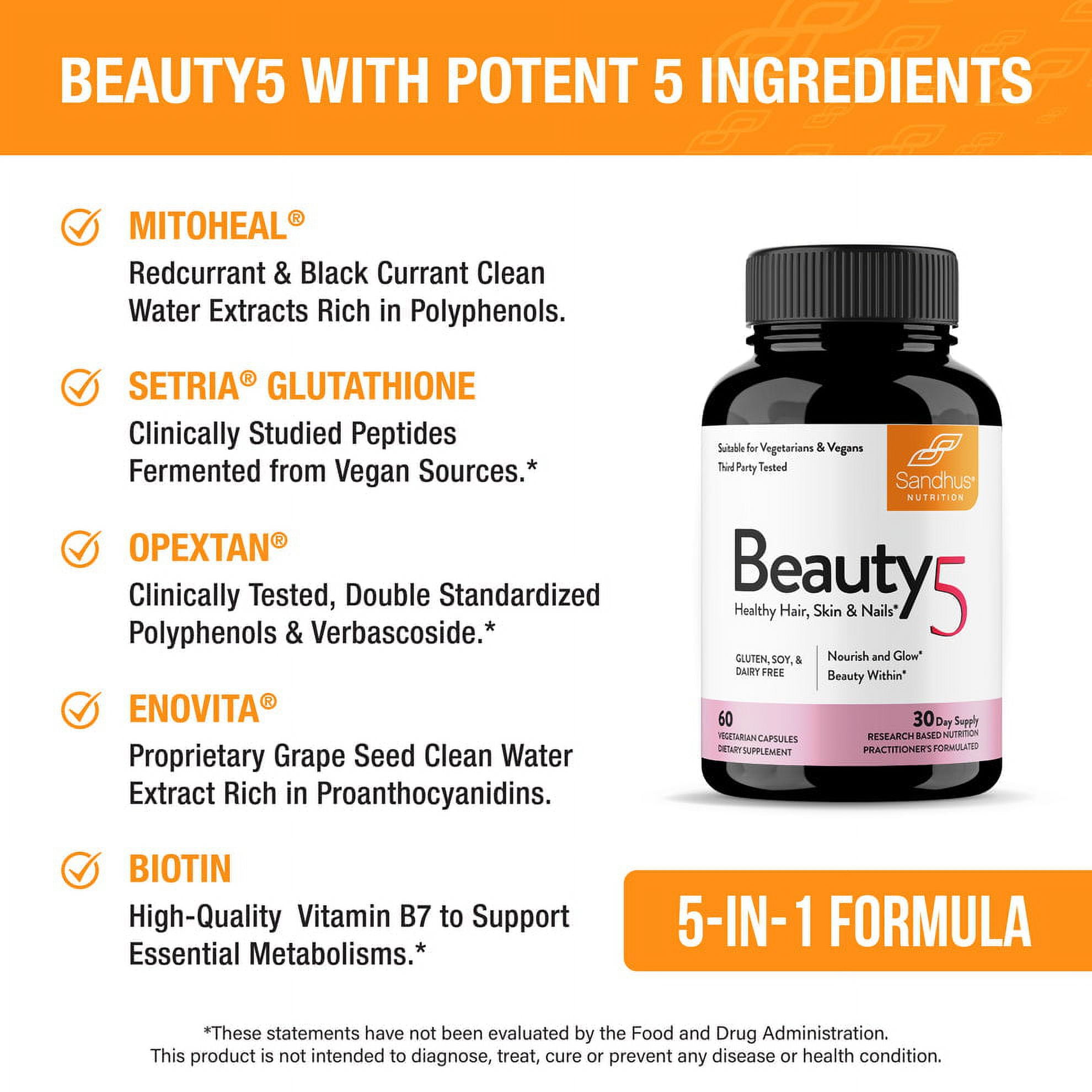 Sandhu’s Beauty5 Capsules, Collagen Synthesis Supplement, for Healthy Hair, Skin & Nails, 60 Ct.