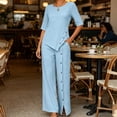 thumbnail image 7 of Puyaiuu Womens Solid Wrinkle Fabric 2 Piece Outfit Asymmetric Button Top High Slit Wide Leg Pants Summer Casual Vacation Set Blue XXXXL Gift, 7 of 7