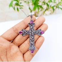 Amethyst Cross Pendant 925 Sterling Silver Handmade Gemstone Jewelry 2.83"