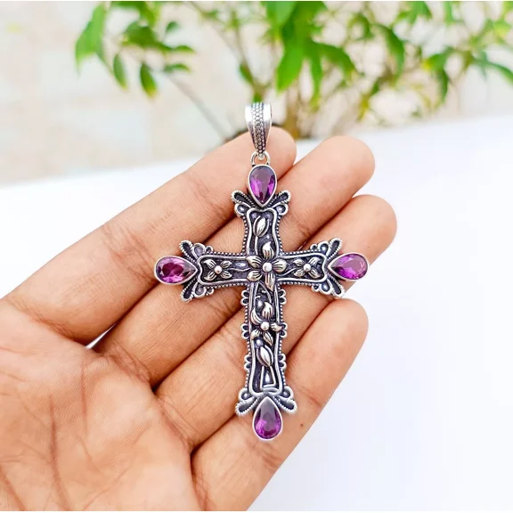 Amethyst Cross Pendant 925 Sterling Silver Handmade Gemstone Jewelry 2.83"