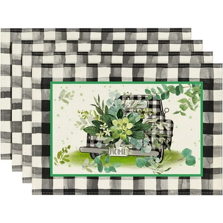 

Buffalo Plaid Truck Eucalyptus Home Summer Placemats Set of 4 12x18 Inch Seasonal Spring Table Mats for Party Kitchen Dining Decoration