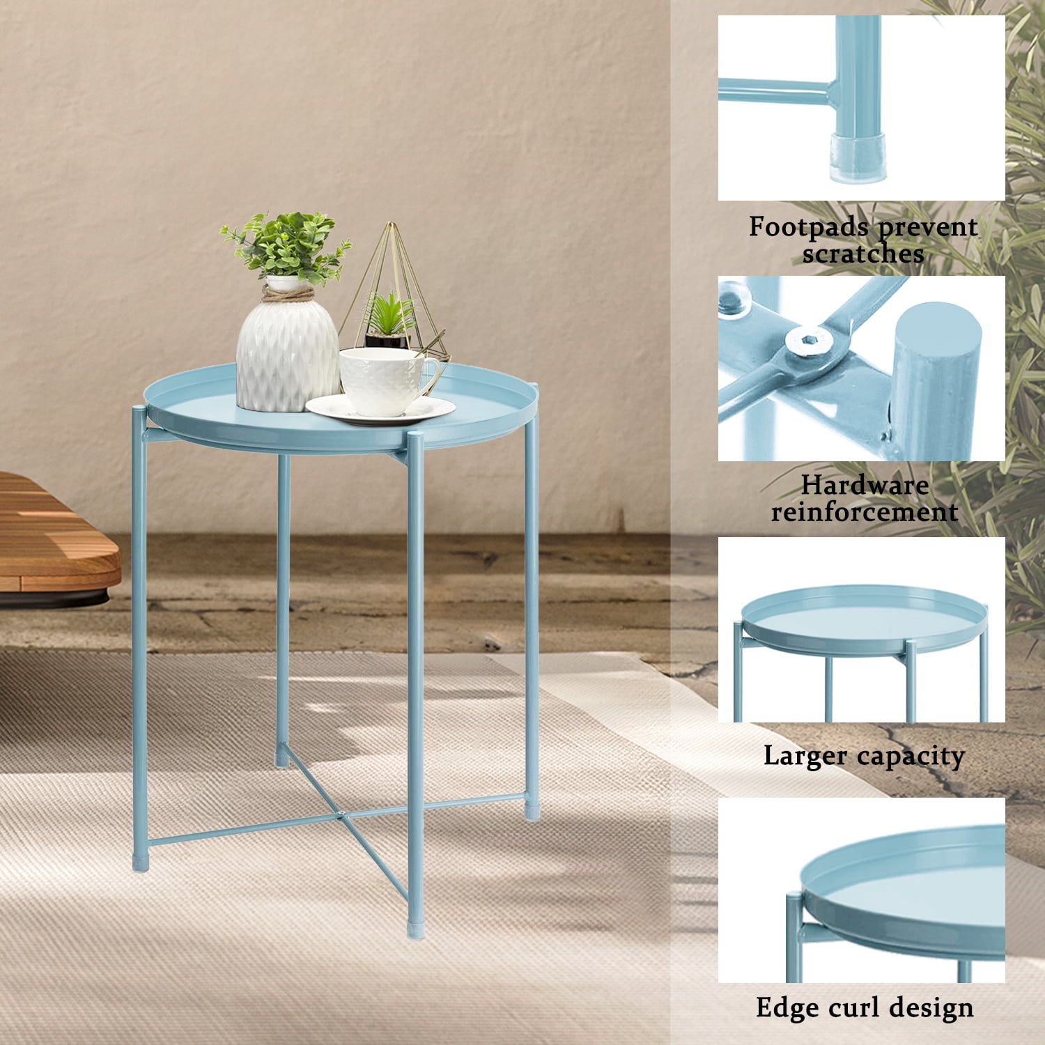 CERBIOR Metal Tray End Table, Round Accent Coffee Side Table, Anti-Rust and Waterproof Outdoor Small Side Table, Indoor Modern Sofa Side Table Bedside Table for Living Room Bedroom Balcony (Blue)