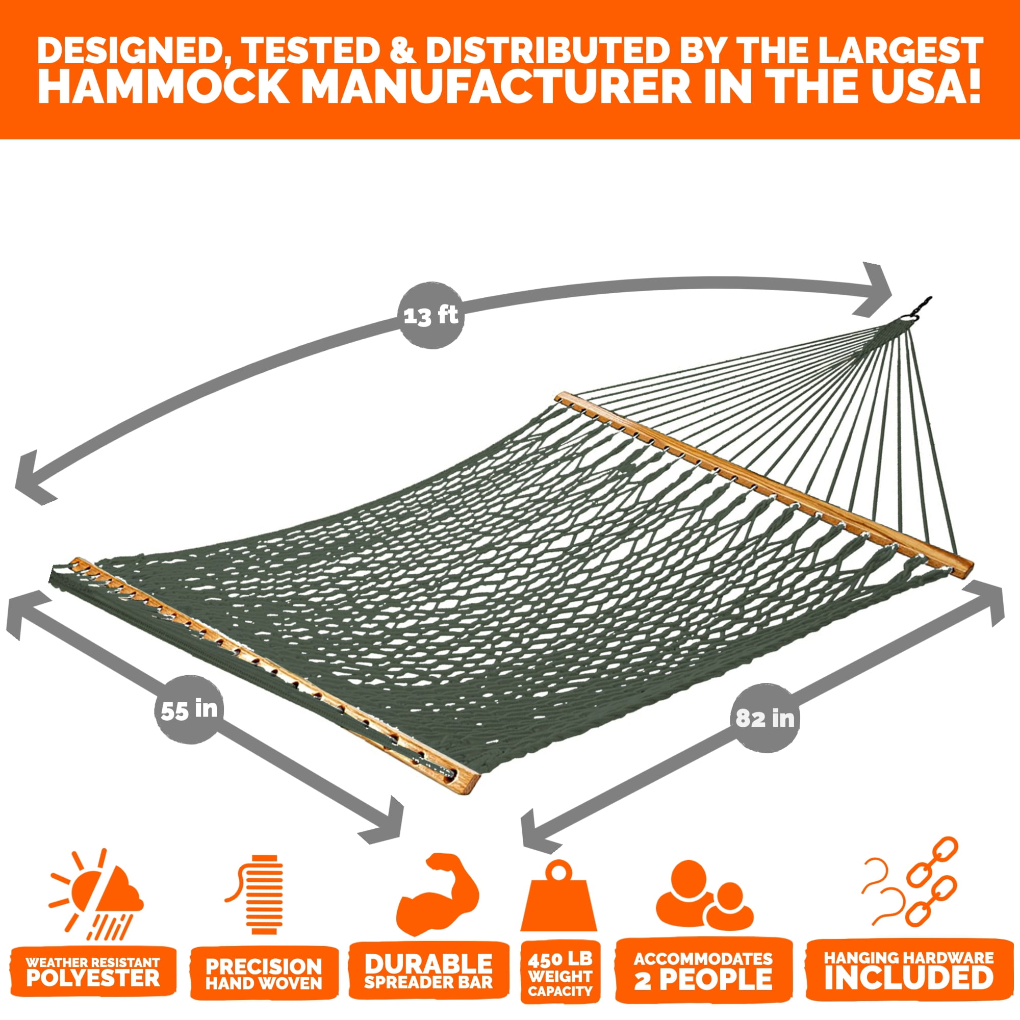 Castaway Living 13 ft. Double Green Polyester Rope Hammock w/ Extension Chains , Tree Hooks &