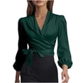 thumbnail image 5 of Oplxuo Lantern Sleeve Satin Shirts for Women V Neck Wrap Tie Side Business Casual Tops Dressy Going Out Tunic Blouse, 5 of 7