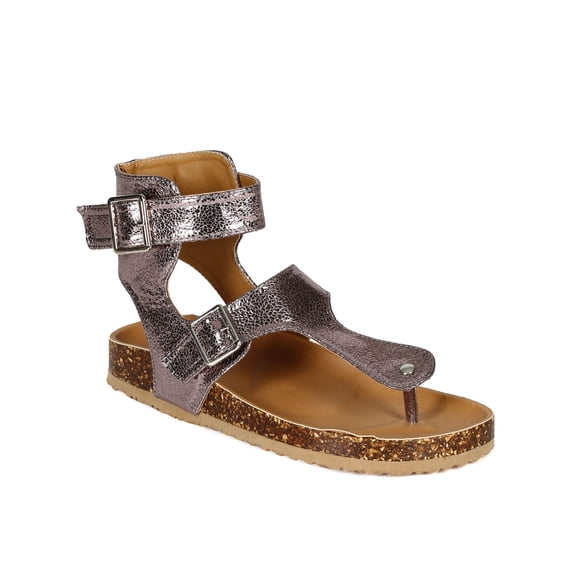 Qupid CA91 Women Metallic Distressed Leatherette T-Strap Buckle Flat Sandal