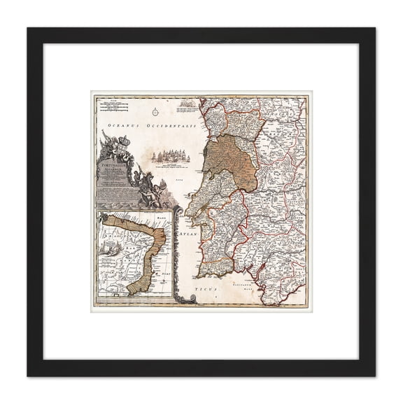 Map Antique 1704 Homann Portugal Brazil Old Replica 8X8 Inch Square Wooden Framed Wall Art Print Picture with Mount