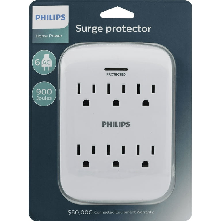 Philips 6-Outlet Extender Surge Protector, 2 Pack, Wall Tap, 900 Joules 3 Prong Space Saving Design Protection