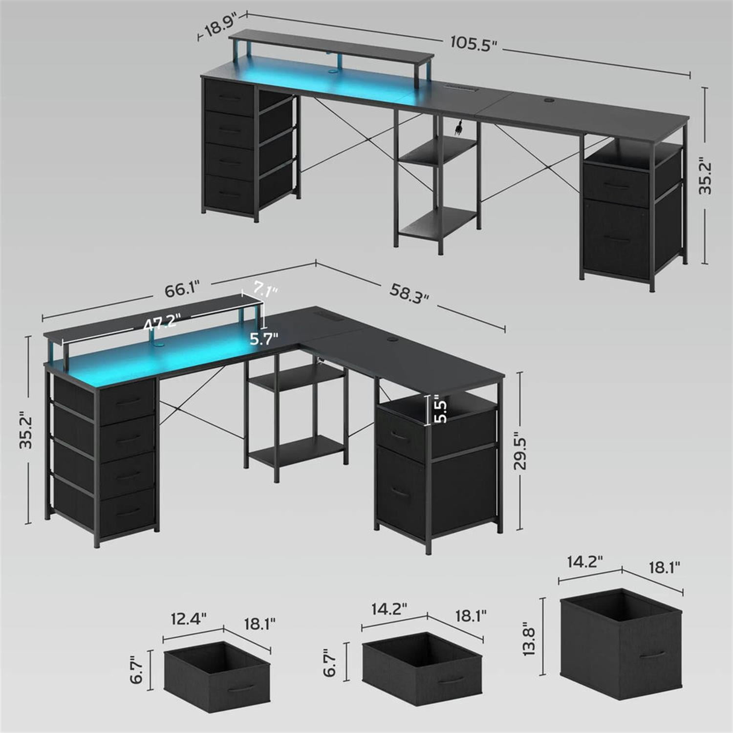 Demi Bonn 66" Reversible L Shaped Corner Office Desk with LED Lights and Power Outlets, Home Computer Desk for Living Room, Office, Study Table PC Desks, Black