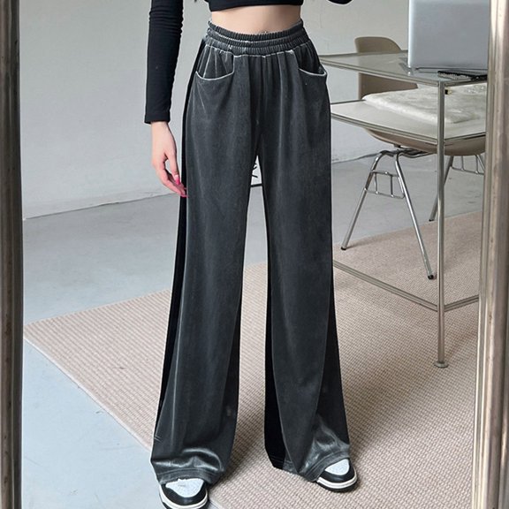 AOOCHASLIY 2023 Women's Pants Women Suede Elastic Waist High Waist Color Blocking Sagging Loose Wide Leg Trousers Length Pants