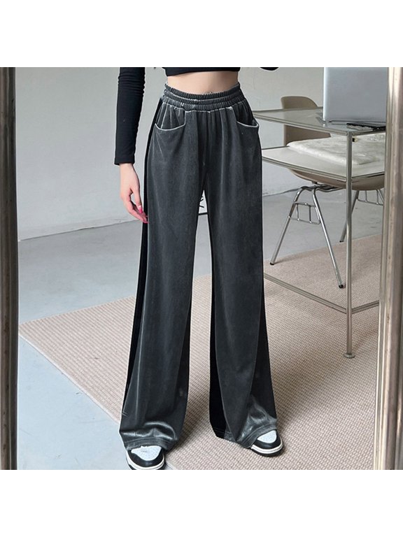 2023 Women's Pants Women Suede Elastic Waist High Waist Color Blocking Sagging Loose Wide Leg Trousers Length Pants
