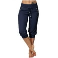 thumbnail image 1 of Pantalones de mujer de largo 3/4 con cintura elástica - Pantalones deportivos informales para yoga con bolsillos - Mezcla de algodón, tallas reales, S-XXXL, 1 of 5