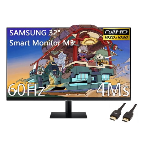 Samsung 32" M5 Series FHD Smart Monitor (1920 x 1080p), Streaming TV, Multiple Ports, 60Hz, 4ms, 3,000:1 Static Contrast Ratio, Adaptive Picture, VESA-compatible, Black, with 5ave HDMI Cable