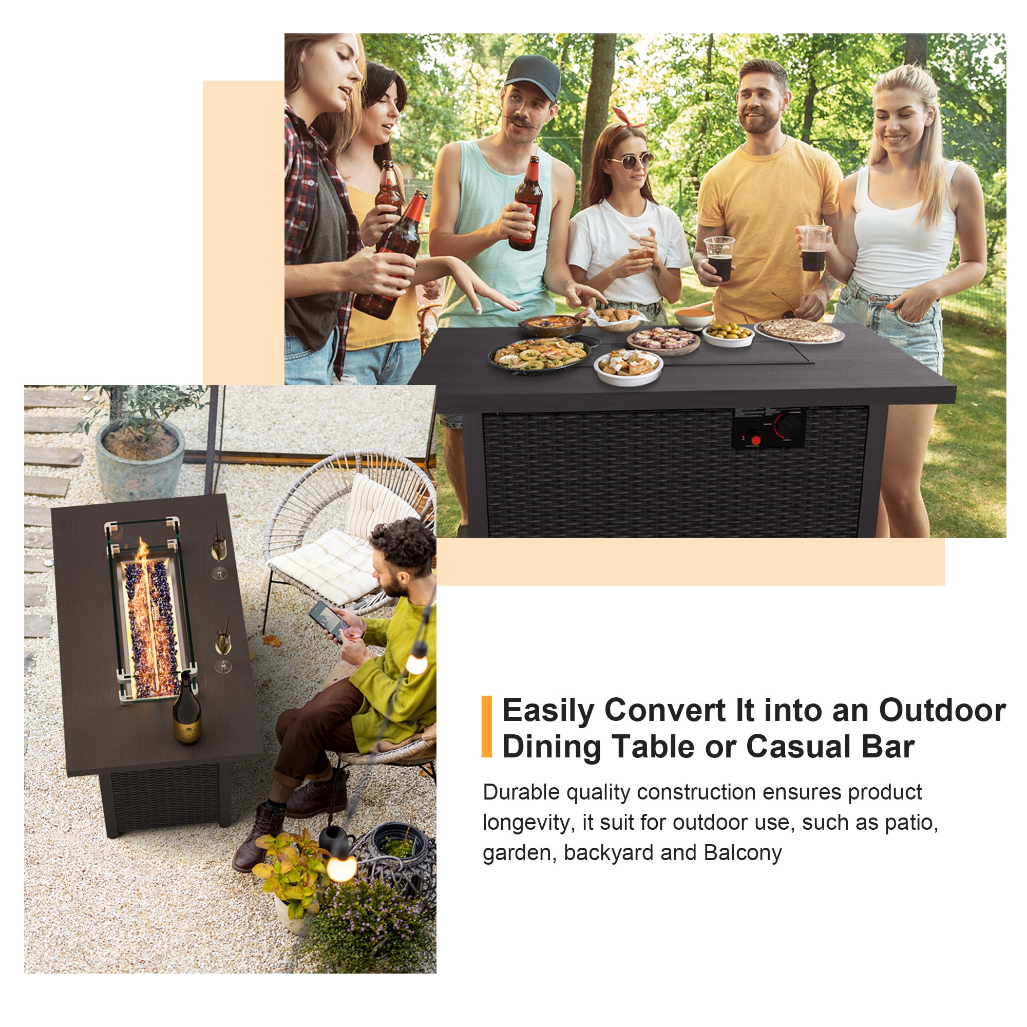 42" Propane Fire Pit Table 50,000 BTU Steel Gas Fire Pit with Rain Cover, Glass Rock and Steel Lid for Outside