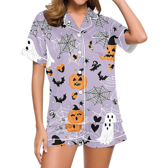 RMGVDSD Women Pajama Sets Casual Halloween Print Pajamas Short Sleeve Shorts Loungewear Two Piece Outfits Button Down Nightwear Sleepwear