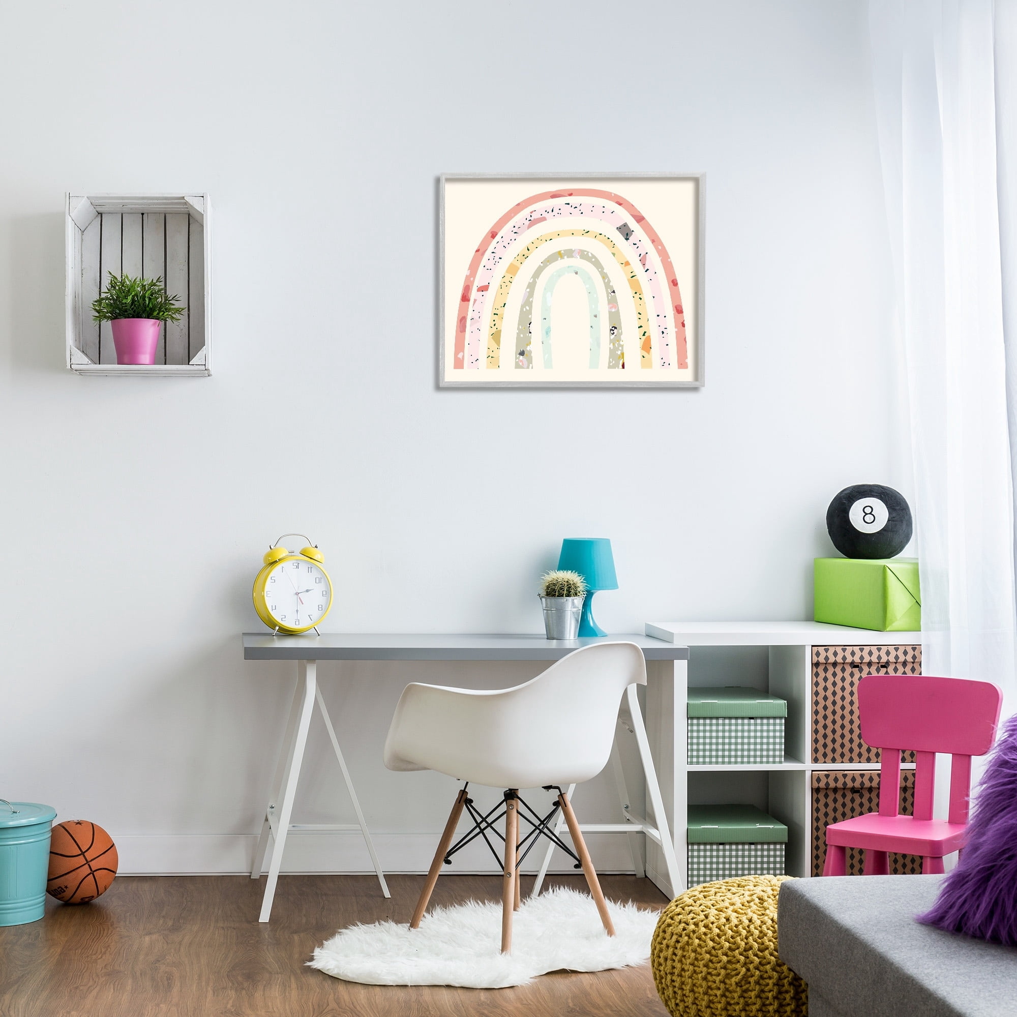 Stupell Industries Children's Abstract Pattern Striped Rainbow over Beige Graphic Art Gray Framed Art Print Wall Art, 30x24, by Daphne Polselli