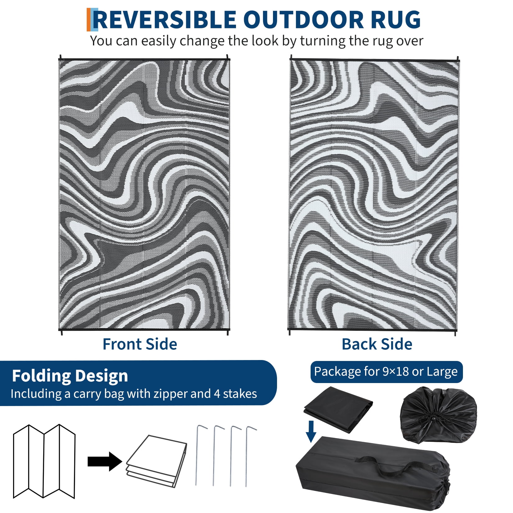 Hasoo 10' x 14' Gray/White Outdoor Rug for Patio Decor Waterproof Plastic Straw Modern Geometric Carpet PP Tube Woven Portable Camping Mat for Picnic Balcony