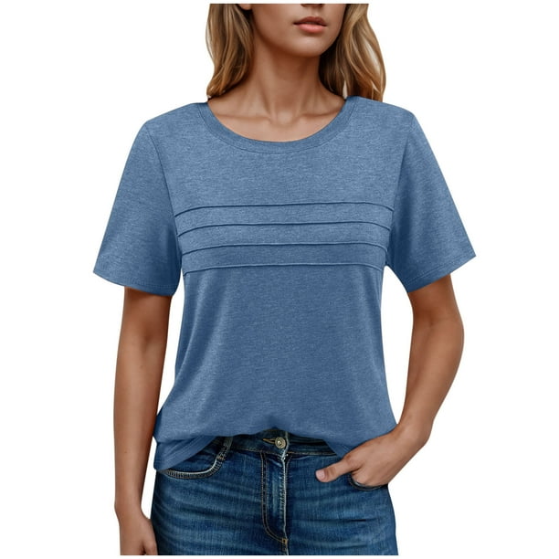 Camisas de Cuello de Tripulación de Manga Corta para las Mujeres Plisado Mangas de Ruffle, Cuello Redondo Casual Primavera Y Blusa de Verano