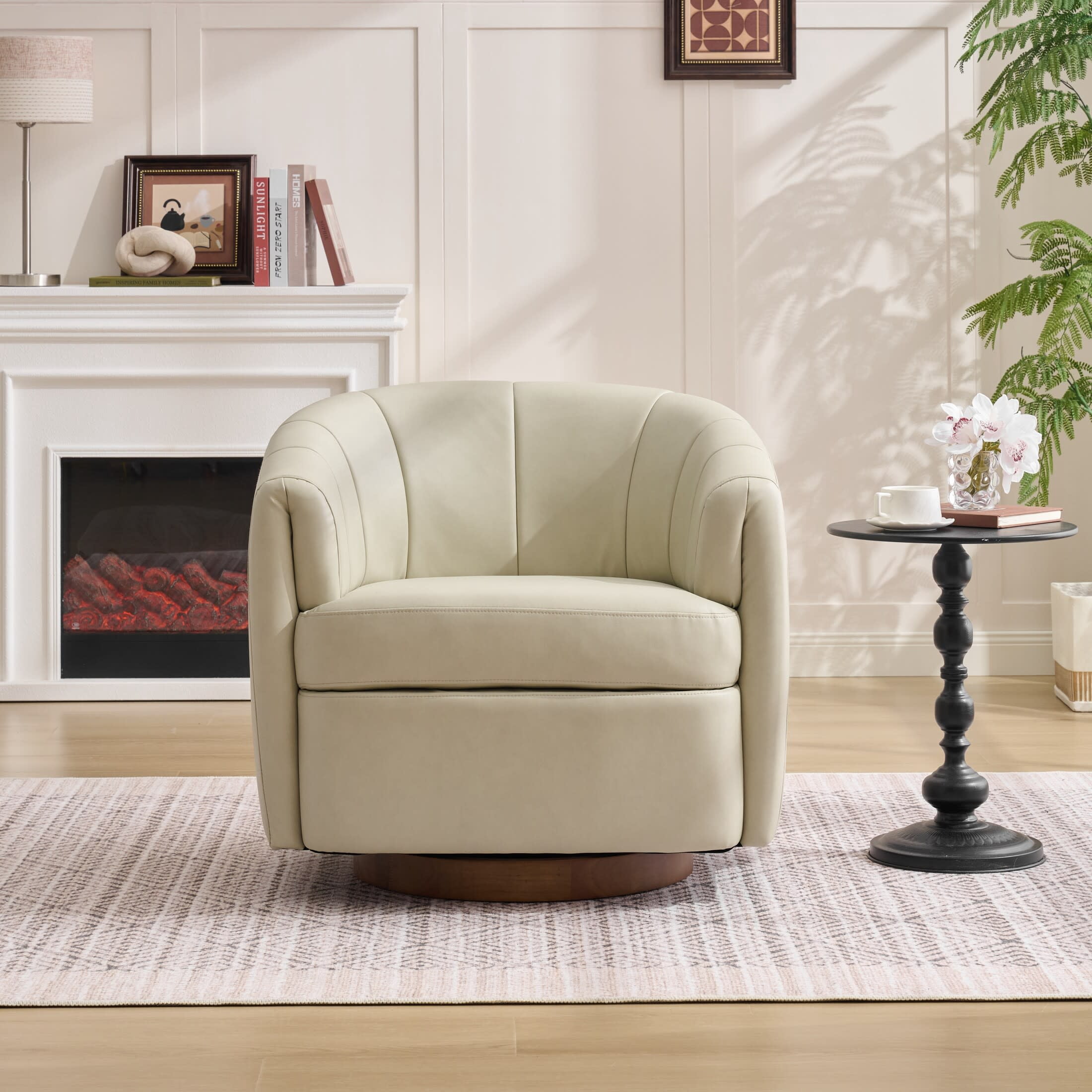 Noble House Swivel Accent Chair with Solid Wood Base, PU Leather Upholstered Armchair for Living Room, Cream