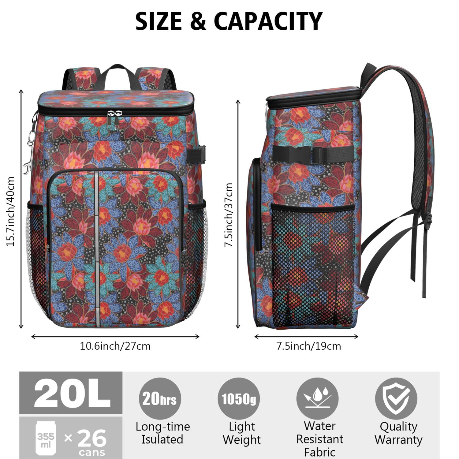 Travel Cooler Bag - Pioneer Flower Camping Beer Cooler Backpack with Bottle Opener- Waterproof Insulated Picnic Backpacks - Cooler Bag for Beach