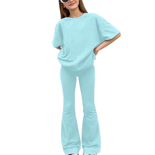 Conjuntos de blusas y camisas de cuello redondo y manga corta para niños, camisetas de manga corta de color liso y pantalones largos, conjunto de dos piezas para niñas, top de poliéster