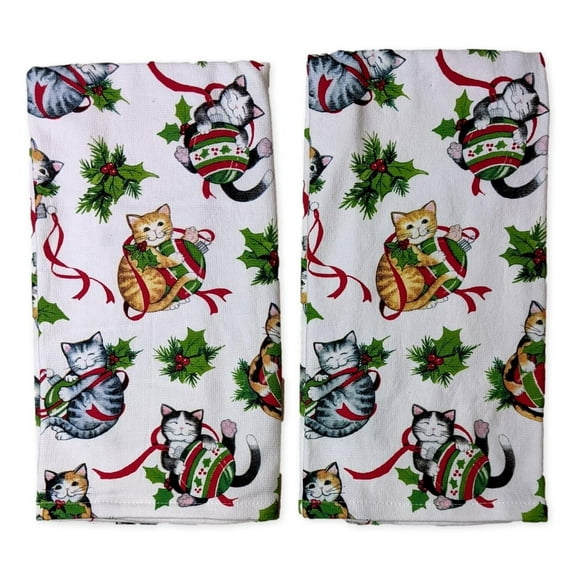 Set of 2 MEOWIE CHRISTMAS Playful Cat Terry Kitchen Towels by Kay Dee Designs