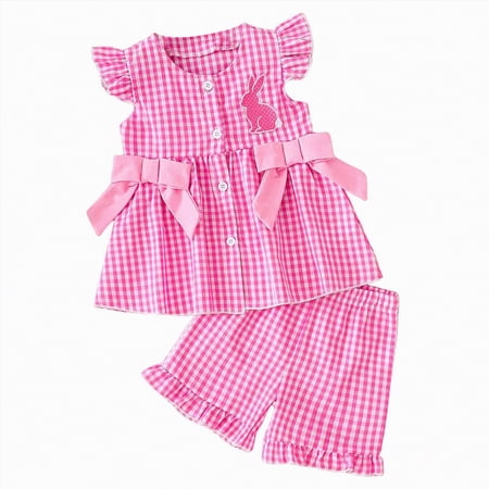 Toddler Baby Girl Easter Outfit Plaid Ruffle Sleeveless Tops and Shorts Set Kids Girls Easter Clothes