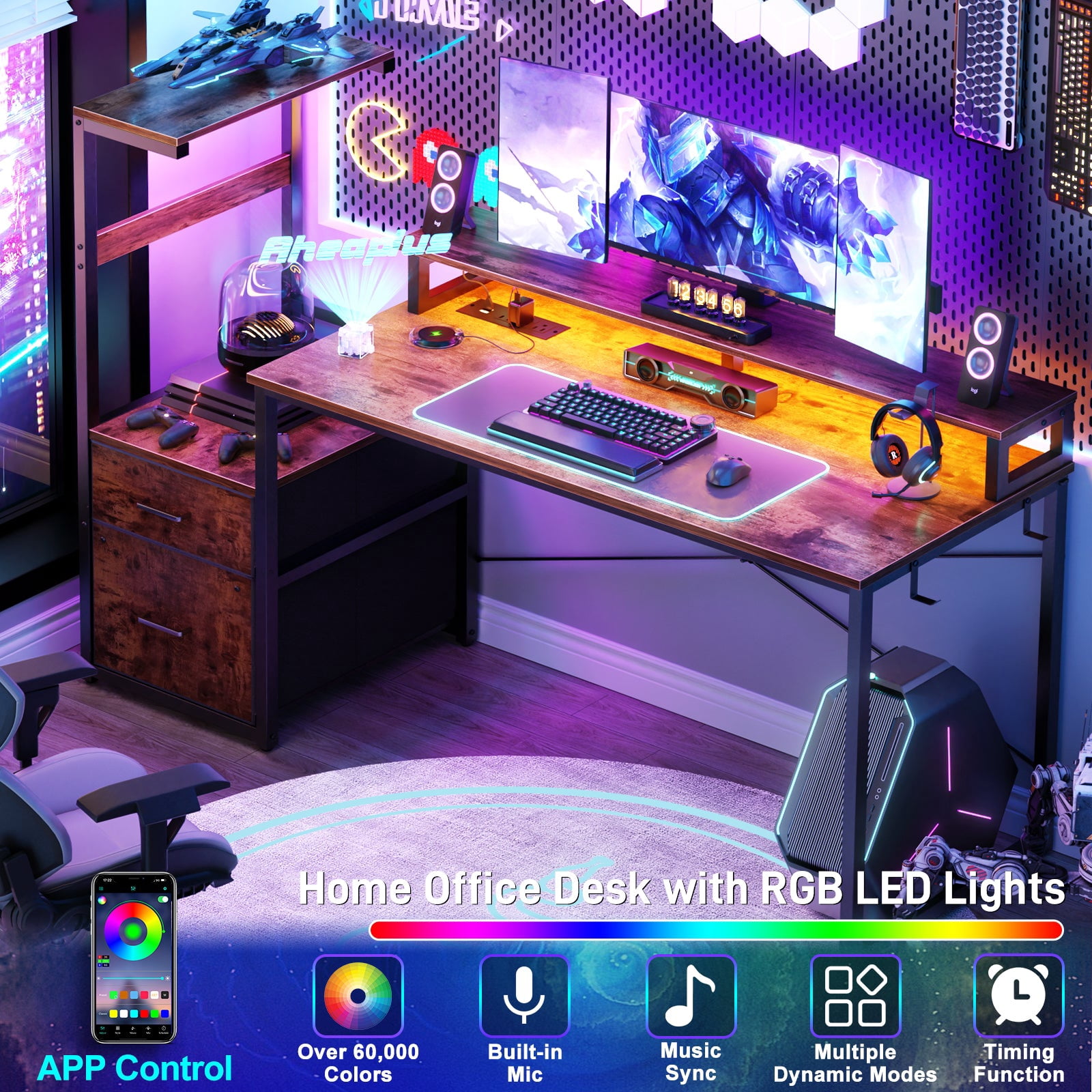 Homieasy Gaming Desk with LED Light Strip and Power Outlet, 59 Inch Reversible Computer Gaming Desk with Monitor Stand & Drawers, Rustic Brown