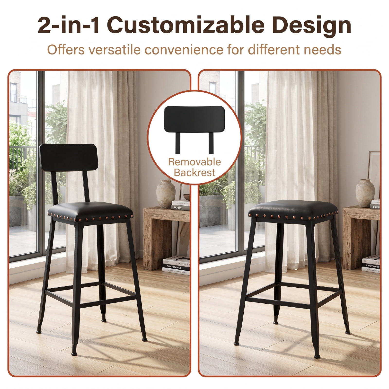 Furnibear Metal Dining Chair Set of 4 Stackable Kitchen Chairs with Removable Backs and PU Leather Cushioned Seat for Kitchen Dining Room, Black