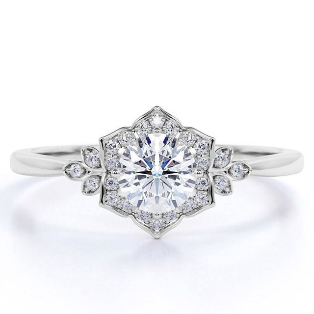 JeenMata Anillo de Compromiso con Flor de Corte Redondo de 1 Quilate: Anillo Inspirado en la Naturaleza: Oro Blanco de 18 K sobre Plata