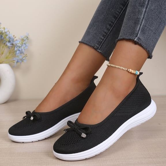 Willtoo Womens Breathable Knit Mesh Slip On Loafers Casual Bow Ballet Flats Shoe Comfortable Round Toe Lightweight Orthopedic Low Top Nurse Walking Shoe