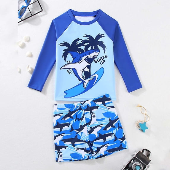Ticikt Toddlers and Baby Boys Rash Guard Swim Set for Boys Long Sleeve Bathing Suits with Swim Trunks Two Piece Swimwear,Color:Blue,Size:6-7 Years