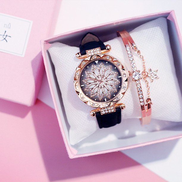 (Reloj + Pulsera) De Cuero Casual Para Mujer/Moda De Lujo