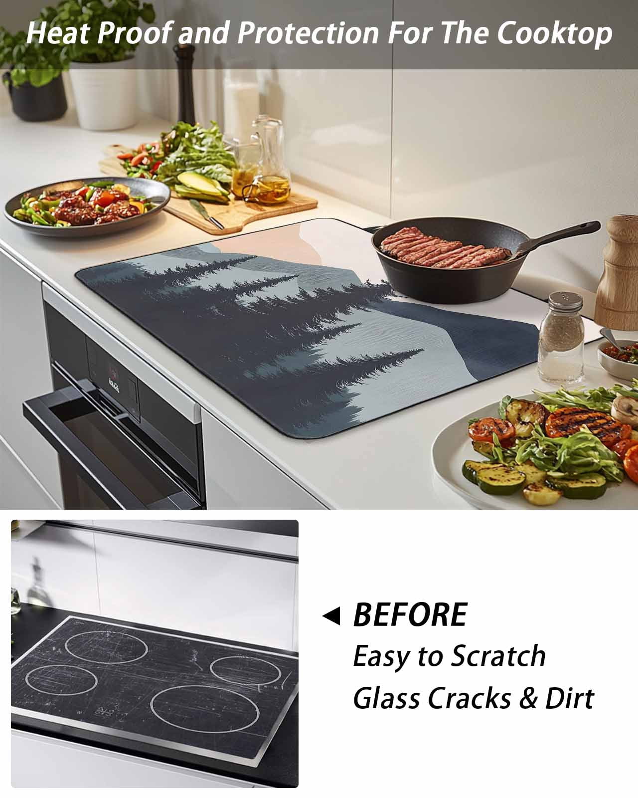 Stove Top Covers for Electric Stove 31x24 Inches, Mountain Forest Heat Insulation Fireproof Glass Cooktop Protector, Nature Tree Scenery Watercolor Pink Blue Countertop Stovetop Cover for Kitchen