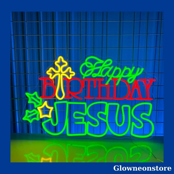 Glowneon Happy Birthday Jesus Neon Sign, Happy Birthday Led Light Sign Décor
