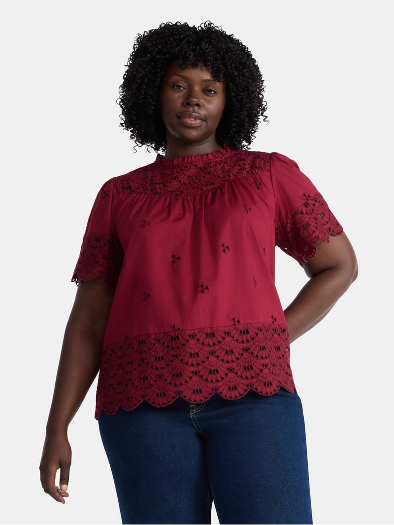 Time and Tru Women's Cotton Eyelet Top with Short Sleeves, Sizes