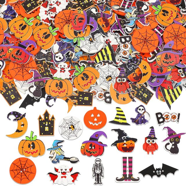 100Pcs Halloween Buttons for Crafts, Halloween Pumpkin Skull Ghost Witch Bat Shaped Fall Wooden Sewing Buttons for Craft