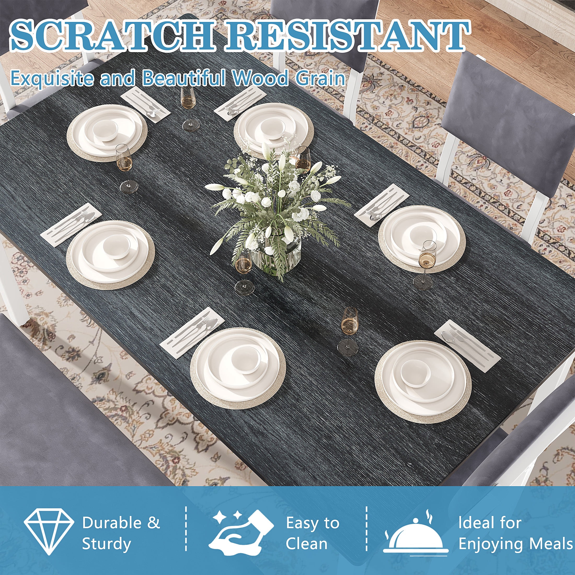 PORKISS Dining Table Set for 6, 6-Piece Dining Room Set with Wooden Table Top, Velvet Upholstery Chairs and Bench, Kitchen Table and Chairs Set with Metal Frame Storage, Dinette Sets, Gray+White