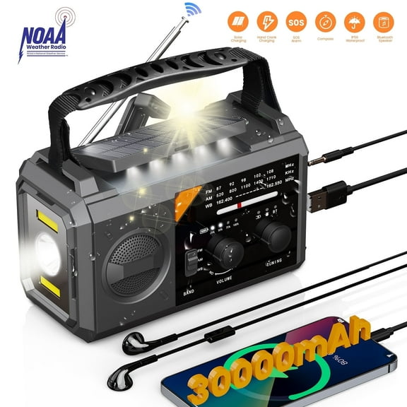 AUOSHI 30000mAh Weather Radio, NOAA/AM/FM Emergency Radio with USB/Solar/Hand Crank Charging, Flashlight, SOS Alarm, Compass, Battery Operated for Hurricane Preparedness, Gray