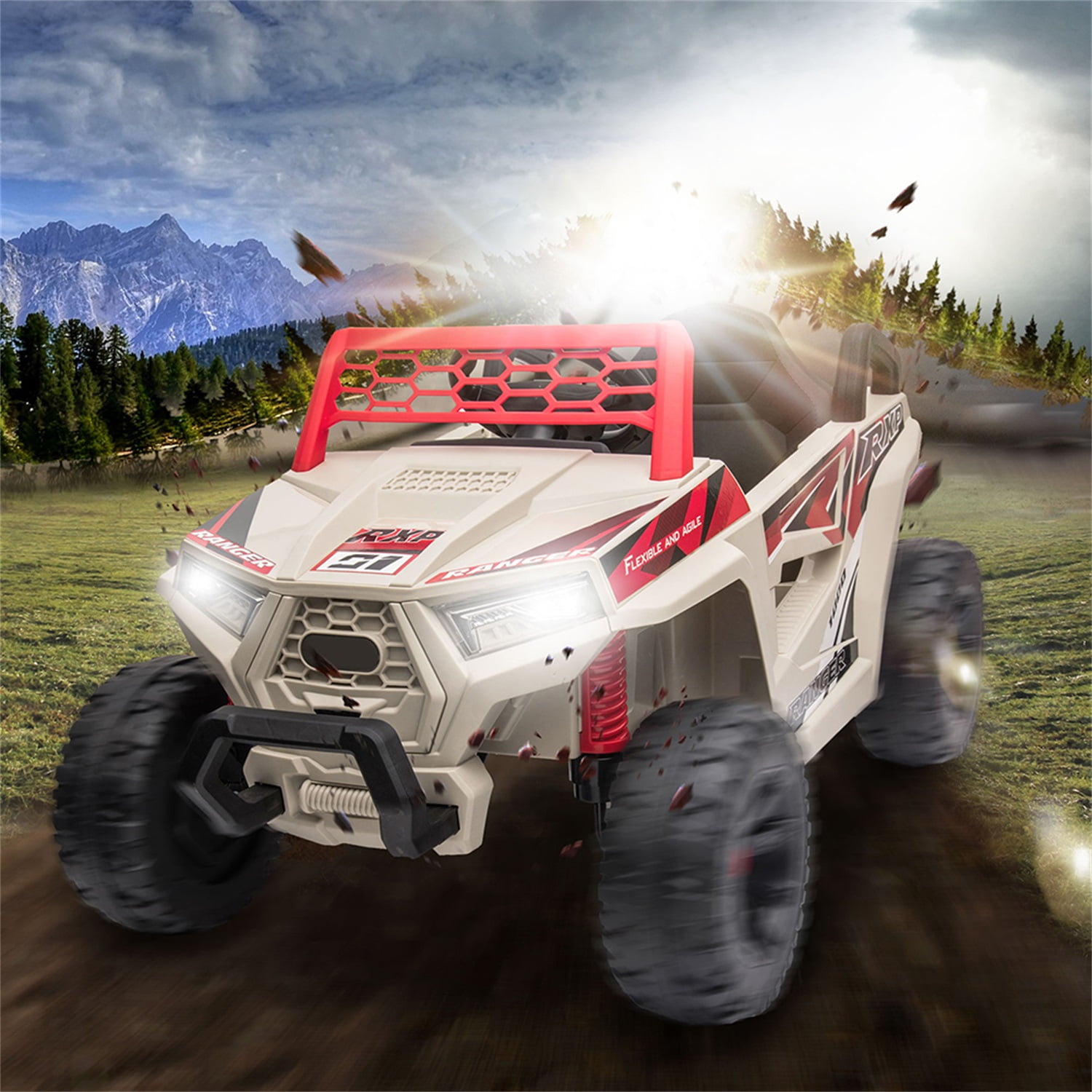 CIPACHO 12V Electric Ride on Cars, Realistic Off-Road UTV, Battery Powered Ride On Truck, Motorized Vehicles for Kids, Music, Spring Suspension, LED Light, Beige