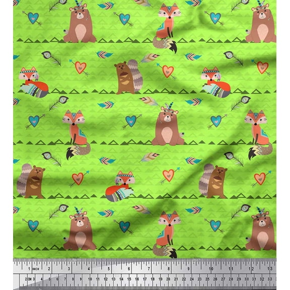 Soimoi Green polyester Crepe Fabric Animals,Heart & Feather Tribal Print Sewing Fabric Yard 42 Inch Wide