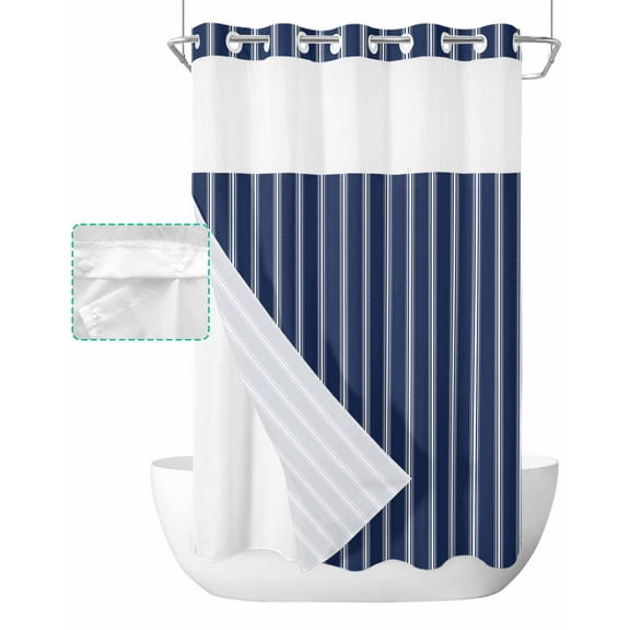 No Hook Shower Curtain with Snap in Liner, Navy Blue and White Striped Geometric Hotel Shower Curtains for Bathroom, Washable Shower Curtain Liner Set with Mesh Top Window, 36"x78"