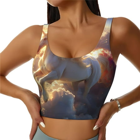 Fotbe Rainbow Cloud White Horse Pattern Womens  Sports Bra Longline Wirefree Padded with Medium Support Sports Moisture-Wicking Workou Vest Tank Top-Large